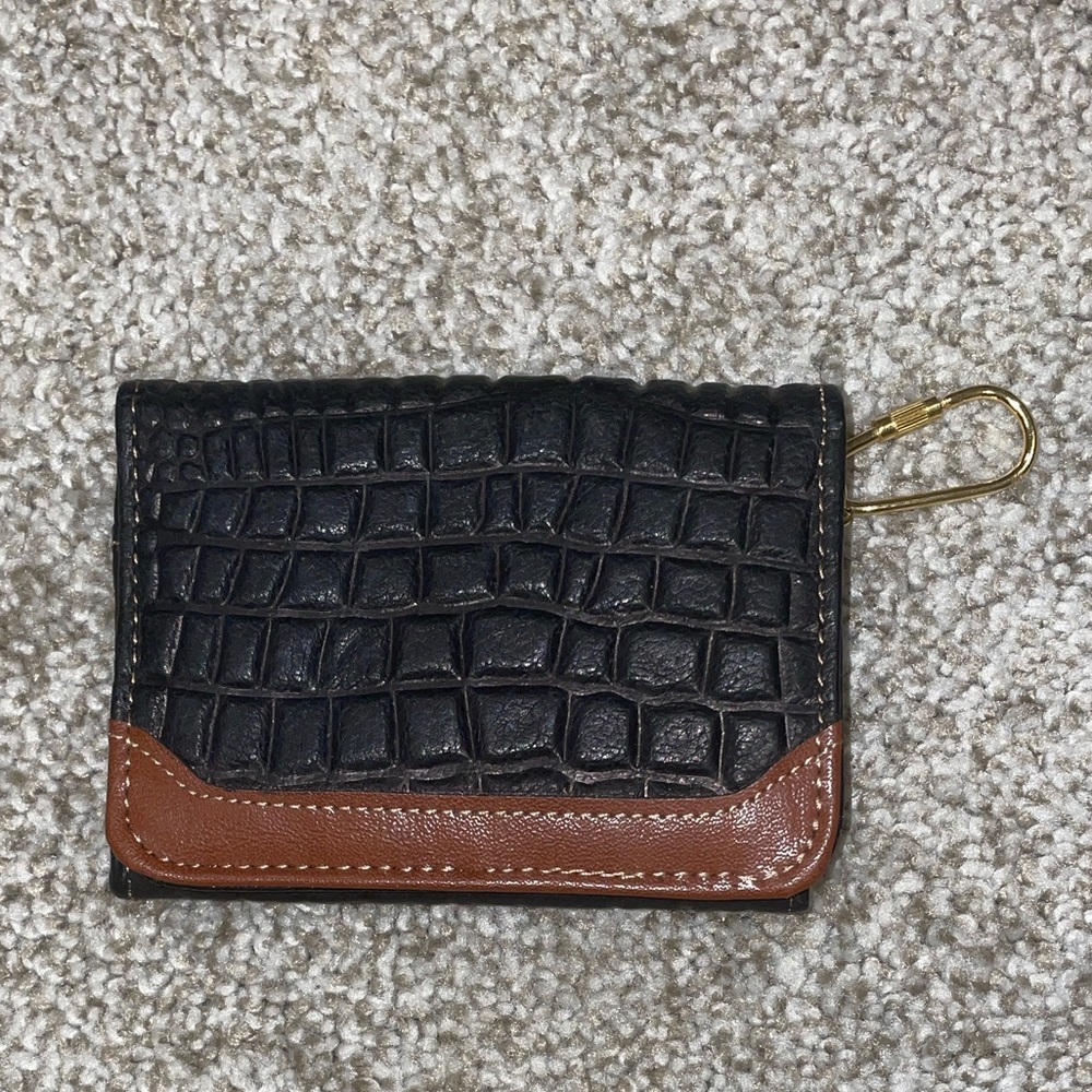 Genuine Leather Black Croc-Embossed Card Wallet with Brown accents and gold clip